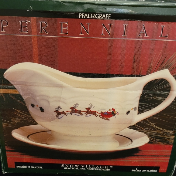 Pfaltzgraff Dining Pfaltzgraff Snow Village Gravy Boat Santa Sleigh Stoneware Christmas